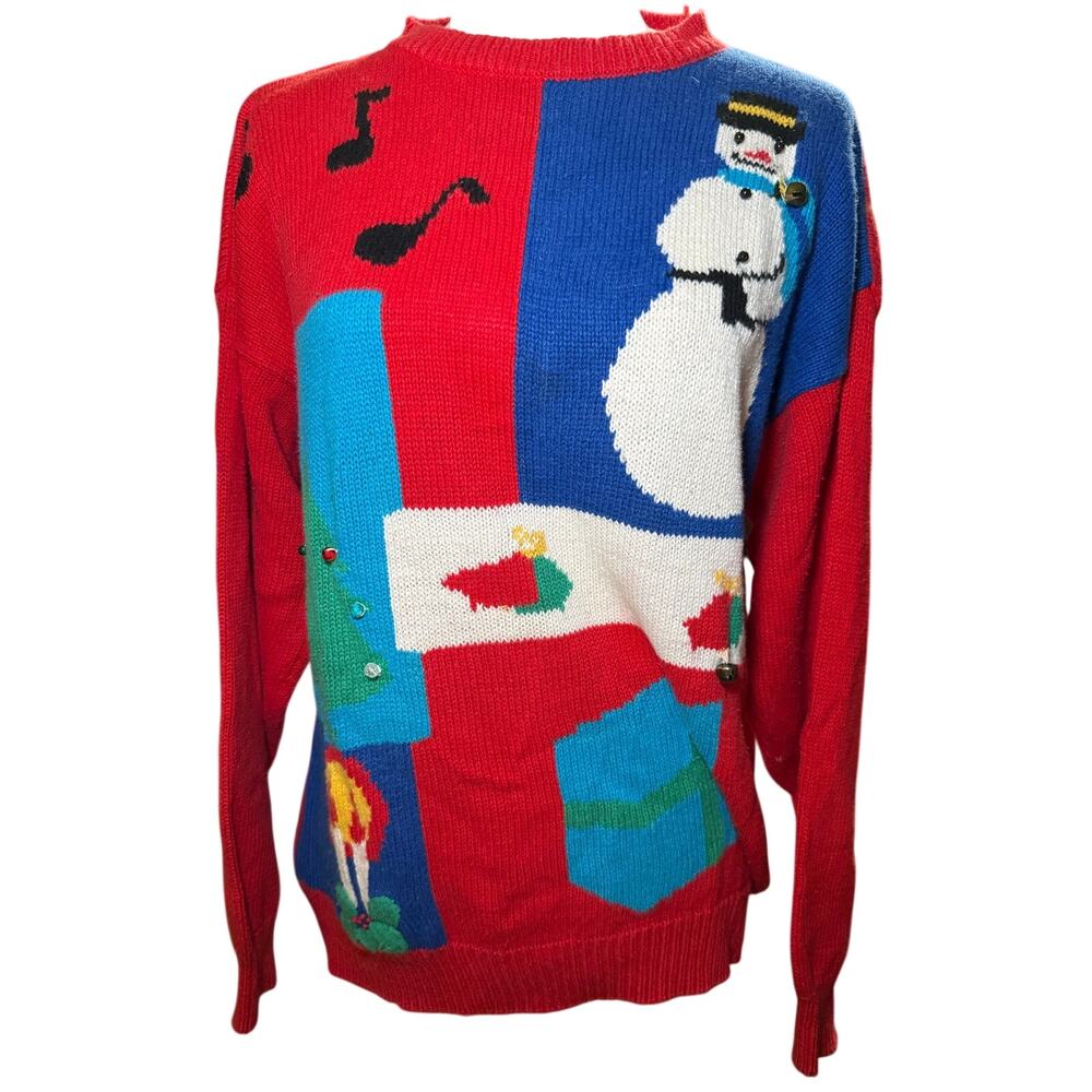Ashleigh Morgan Vintage 90s Ugly Christmas Sweater, Snowman 3D Bells, Large